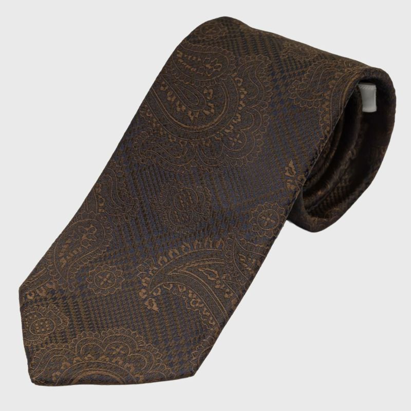 KINSHOKUネクタイ 西陣織ソリッドチェックペイズリー・ブラウン