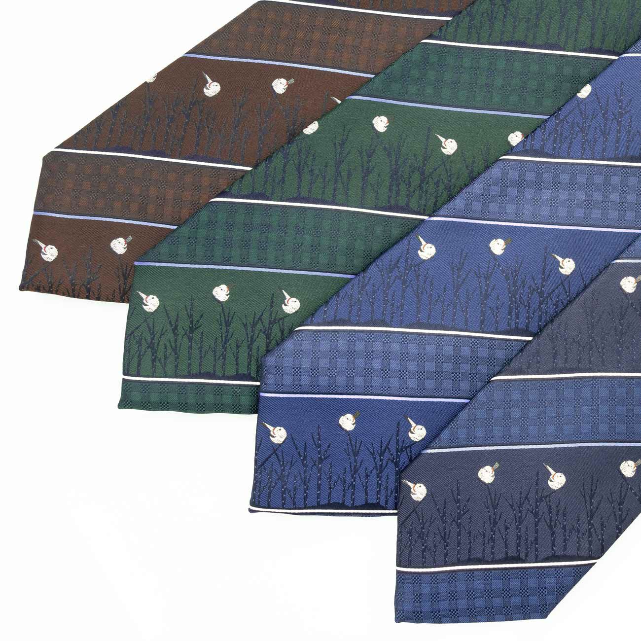 KINSHOKUネクタイ　白樺とシマエナガモチーフチェックストライプの画像